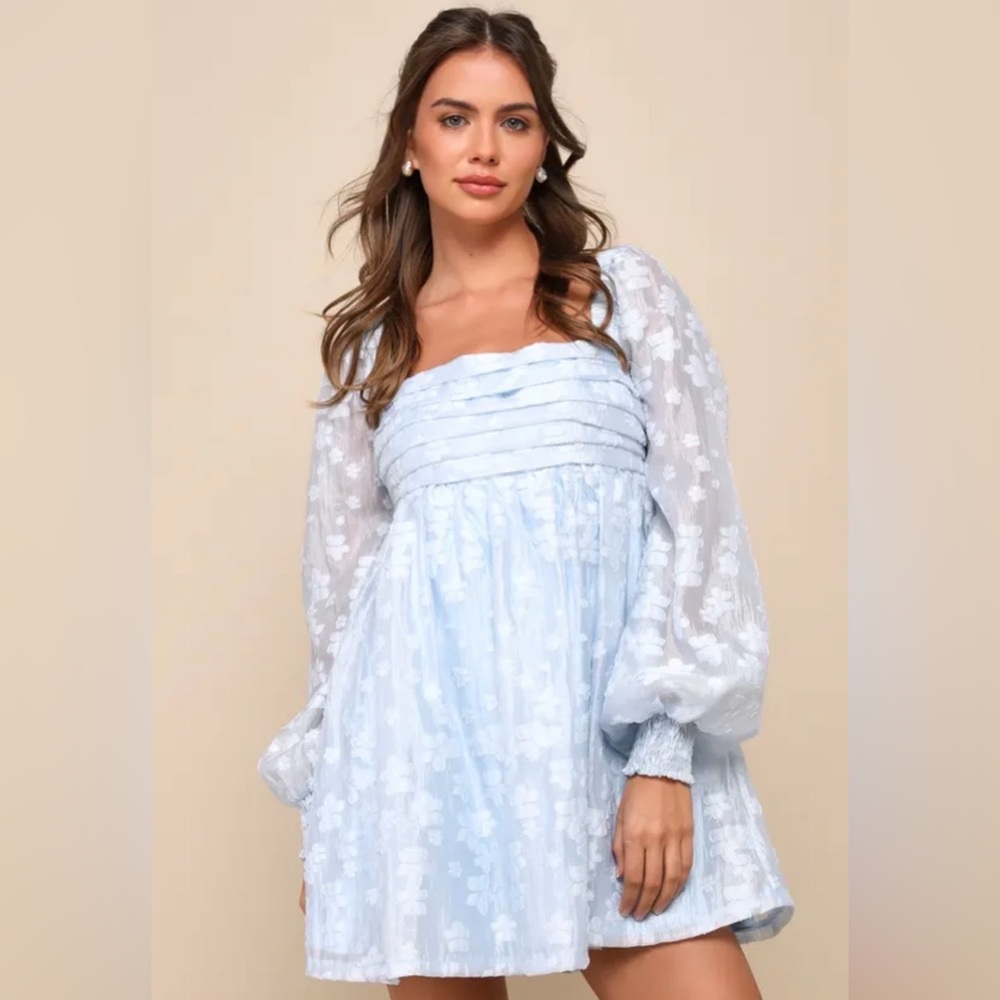 NWT Lulus Radiantly Cute Light Blue Burnout Floral Pleated Mini Dress (XS)